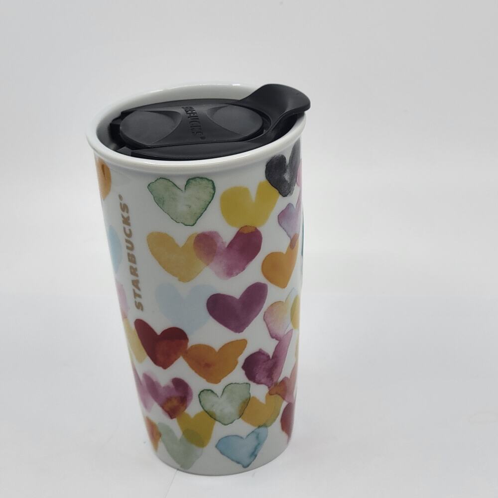 Starbucks Ceramic Tumbler Watercolor Hearts 10oz With Lid 2015
